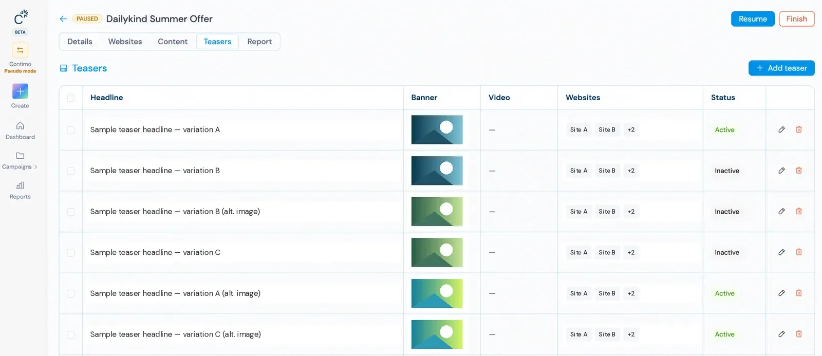 Contimo teaser management table listing sample teaser headline variations with banner images, assigned websites and active or inactive status.